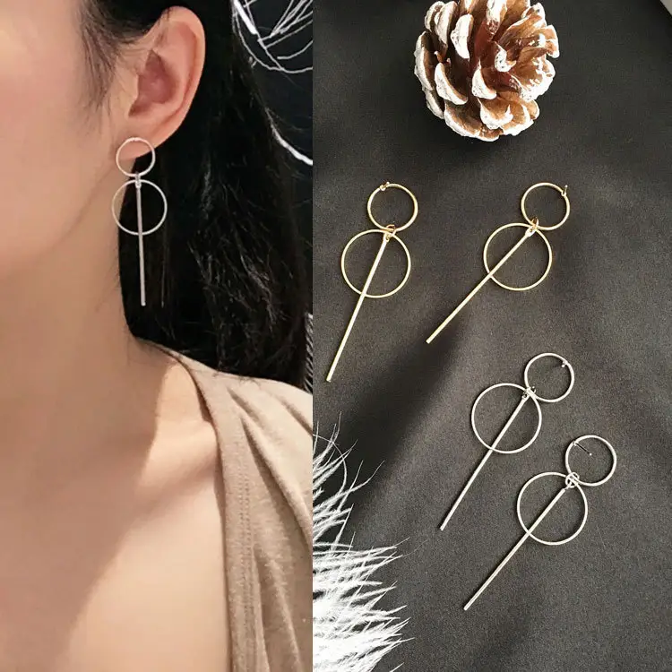 Korean fashion retro popular gold simple long pendant circle tassel hoop earrings for women