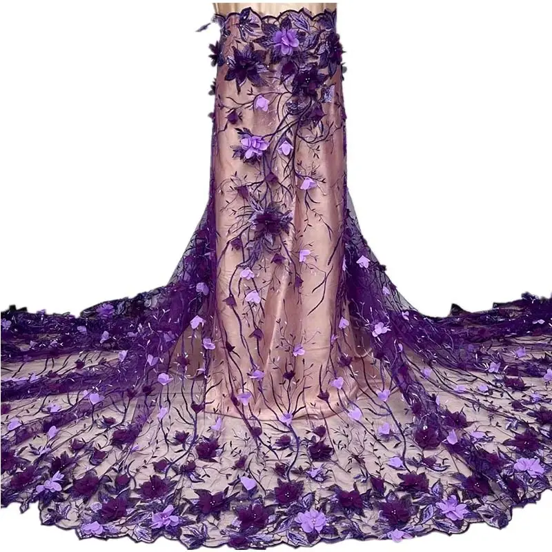 Tulle violet net dentelle perlée broderie lacets de mariée tissus 3d dentelle tissu