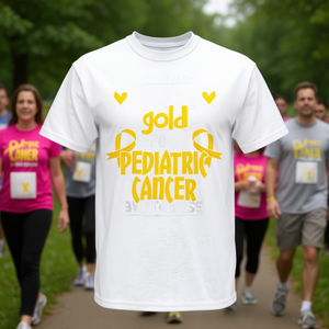 T-shirt unisexe pour adultes, col rond, manches courtes, sérigraphié, pour la sensibilisation au cancer pédiatrique avec ruban doré, pour événements de marche et de course, en soutien. - Product Image 3