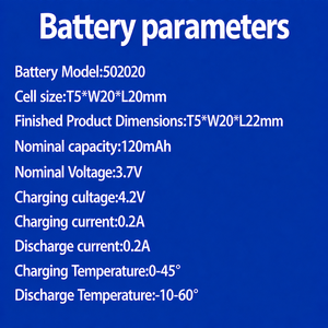 แบตเตอรี่ BLUSENERGY 502020 3.7V 120mAh ลิเธียมโพลิเมอร์/ลิเธียมไอออนแบบชาร์จได้ ทนอุณหภูมิสูง สำหรับอุปกรณ์อิเล็กทรอนิกส์ - Product Image 4