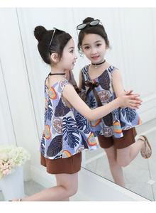 Hot Sale a <b>Lovely</b> Teen Korean Beauty Sleeveless Sport Print Summer Girls Two Piece Set for Kid Made in China - Product Image 3