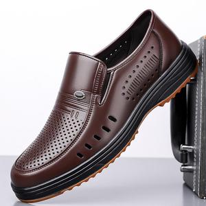 Mocassins en cuir pour hommes, bout rond, à enfiler, semelle extérieure en caoutchouc antidérapante, couleur unie, chaussures décontractées d'été - Product Image 2