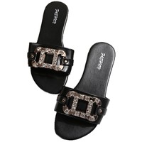 Damen Open-Toe PU-Sandalen mit Quadratschnalle, Slip-On Flache Sandalen für Sommer, Strand, Outdoor, Party, Dating, Alltag und Einkaufen
