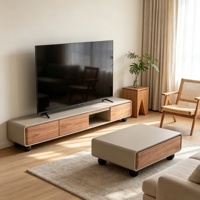 Ensemble meuble TV et table basse rétro en bois grainé avec tiroirs de rangement et compartiment ouvert, meuble TV de salon, mobilier de maison, vente en gros
