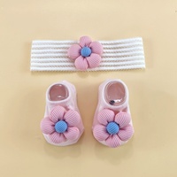 Diadema de encaje con diseño de flor y protector de fontanela, conjunto adorable de gorro y calcetines a juego para bebé