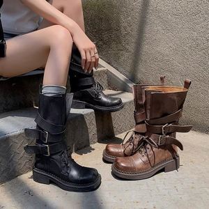 Women's <b>Vintage</b> Buckle Knee-High Slip-On Boots Fall Winter Western Style Cowboy Thick Sole Microfiber Fabrics Slip Resistant - Product Image 1