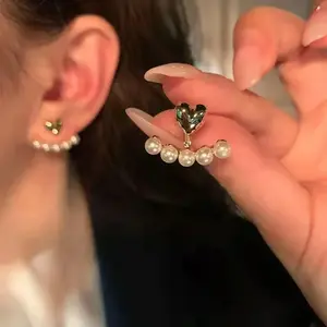 New Design Back Hanging Pearl Heart Stud Earrings Girl Women Simple Micro Inlaid Zircon Earrings Girls Fashion Party Jewelry