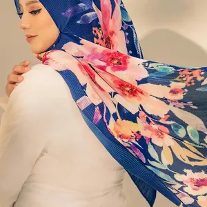 Custom tudung fashion printed mini pleated chiffon hijab crepe chiffon hijab Malaysia women pleated shawl scarves