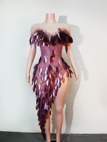 Robe de danse sexy pour groupe de filles, couleur violet ombré, avec plumes 3D, feuilles, strass, maille transparente et fente haute, tenue de scène, Drag Queen