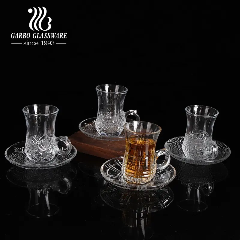 Wholesale custom OEM mid-east style embossed design Arabic 3oz small drinking tea glass cup and saucer set for gift