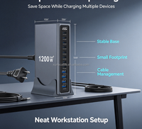 Chargeur de bureau 1200W à 12 ports, 8 USB-C + 4 USB, chargeur multi-ports rapide avec affichage numérique pour ordinateur portable, téléphone, prise EU, UK, AU, US