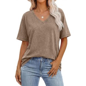 T-shirt surdimensionné à col en V pour femme FOXA, manches courtes, en coton, style vintage, décontracté, basique, respirant, en jersey, pour l'été - Product Image 1