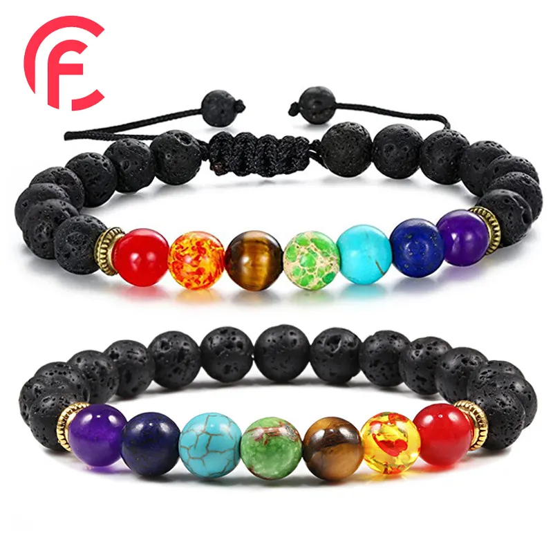 8mm Lava Rock 7 Chakras Aromatherapy Essential Oil Diffuser Bracelets Braided Rope Natural Gemstone Yoga Beads Bracelet