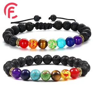 8Mm Lava Rock 7 Chakra Aromatherapie Etherische Olie Diffuser Armbanden Gevlochten Touw Natuurlijke Edelsteen Yoga Kralen Armband