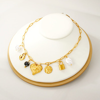 Kalung Liontin Oval Bunga Kupu-kupu Hati Mutiara, Lapisan Emas 18K PVD, Baja Anti Karat, Anti Kusam