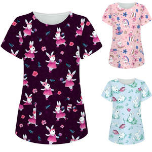 Nuova Camicia da Lavoro per Donne con Stampa Pasquale, Maniche Corte, Scollo a V, Tasca, Motivo Coniglietto e Uova, per Insegnanti di Scuola Materna e Infermiere - Product Image 2