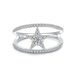 Anel 2022 de prata esterlina 925, linha de camada dupla, diamante simulado de zircônia cúbica, anel de estrela de cinco pontas