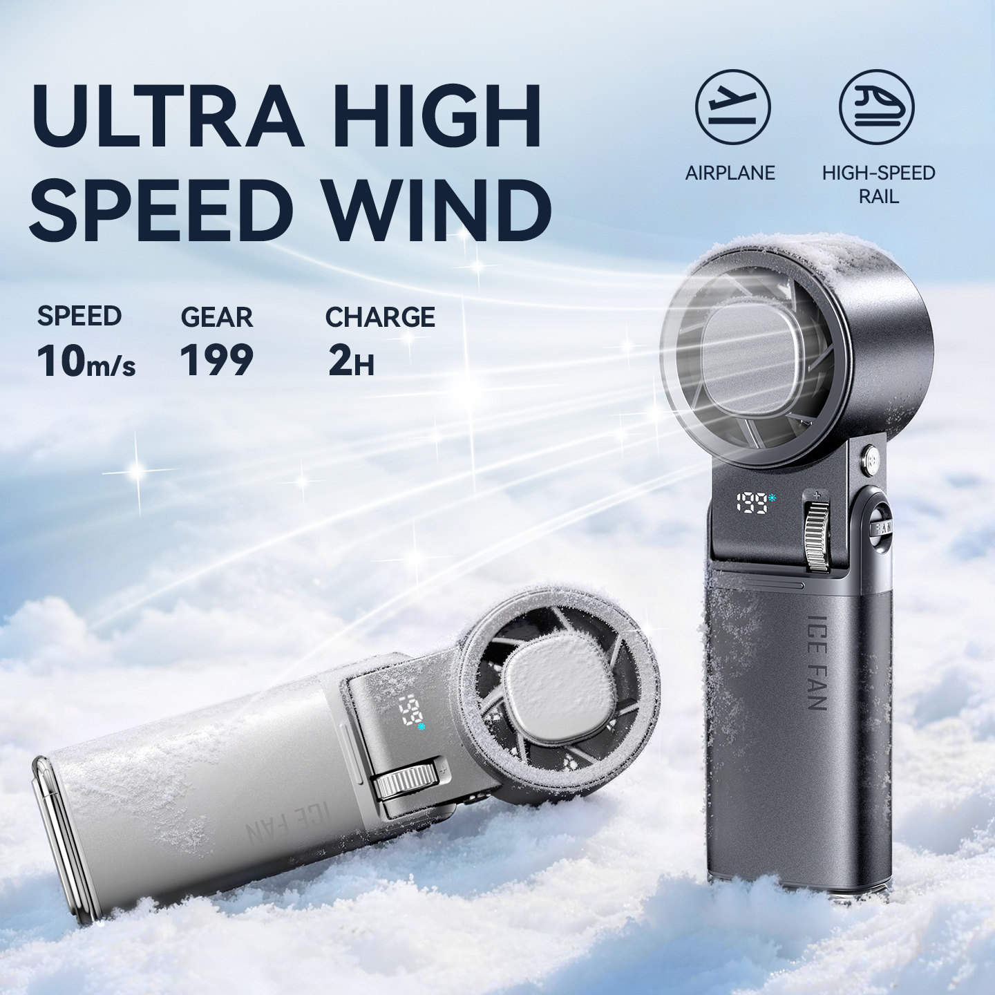 3-in-1 Handheld/Neck Hanging/Desktop Fan 16°C Ice Cooling 199 Speeds 6000mAh Rechargeable Portable Fan with Flashlight