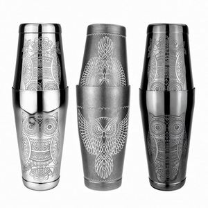 Coctelera Boston de Acero Inoxidable 304 de 850/550 ml con Grabado de Búho Vintage, Superficie Vibratoria para Mezclar Cócteles y Vino - Product Image 1