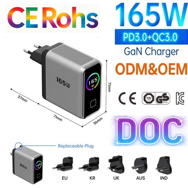 165W 140W GaN Wall Charger with Smart TFT Display 4-Port PD3.1 Fast Charging ODM/OEM Type-c Usb-c Fast Charger Power Adapter