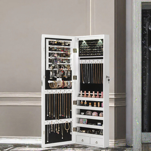 Wall Mounted Mirrored Jewelry <b>Cabinet</b> Lockable Wood <b>Mirror</b> Armoire <b>with</b> LED <b>Lights</b> for Bedroom - Product Image 3