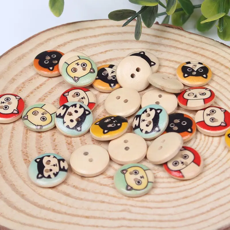 100pcs/bag Mixed Cat Printed Wood Cartoon Buttons 15mm 2 Holes Round Sewing Accessories Embellishment Scrapbooking Cardmaking