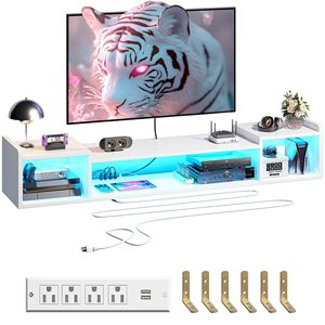 <span class=keywords><strong>Meuble</strong></span> TV flottant avec éclairage LED, prises de courant, design moderne, panneau de particules durable, grande capacité de rangement pour salon et chambre - Product Image 2