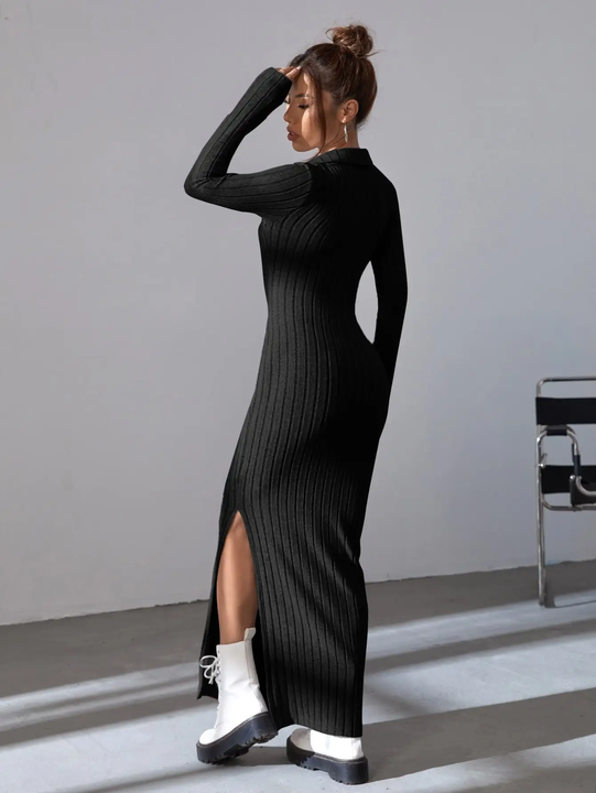 Autumn Winter Casual Black Temperament Pit Strip Slimming Dress with Hip V-Neck Knit Maxi Length Waist Wrap Dress