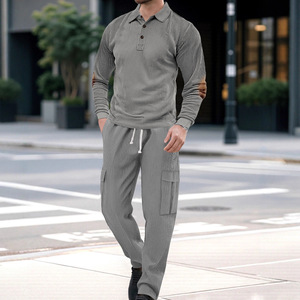 2026 traje de ropa de trabajo deportiva Vintage para hombre, informal, transfronterizo, de dos piezas, cuello vuelto, manga larga, Color sólido, transpirable, suelto - Product Image 1