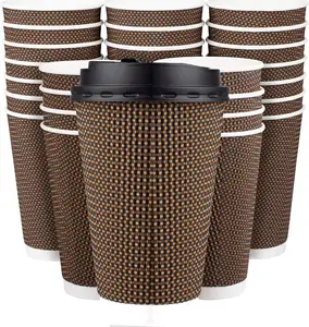 DD2276 500件商务隔热热水保温杯瓦楞纸波纹杯棕色一次性咖啡杯带盖 - Product Image 1