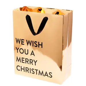Confezione di vino in carta d'oro personalizzata di lusso borse olografiche champagne sacchetto di carta regalo in oro rosa lucido con il tuo logo