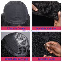 Perruque mi-tête bouclée birmane, perruque mi-tête afro crépue bouclée en cheveux humains, perruque sans colle avec cordon de serrage et clips invisibles, idéale pour les débutantes