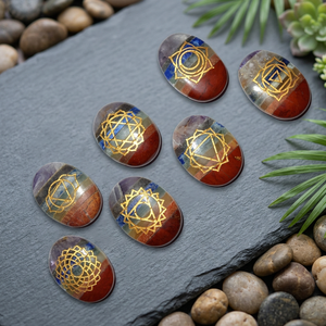 Oval Gemstone <b>Chakra</b> Stones Gold Engraved Symbols Polished Reiki Art Collectibles Seven <b>Chakra</b> Bonded <b>Set</b> <b>Crystal</b> Export Gujarat - Product Image 5