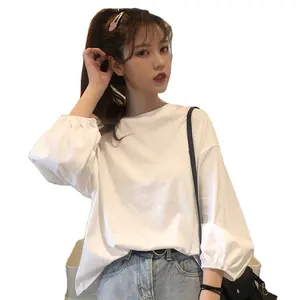 Thời Trang Mới Phụ Nữ Cô Gái Loose Tee Quần Áo Màu Áo Thun Trắng Tay Áo Phồng O-cổ Mềm Casual Tops T Áo Sơ Mi