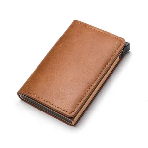 Chất Lượng Cao Kinh Doanh Pu Leather Slim Wallet Người Đàn Ông Chủ Thẻ Tín Dụng Rfid Chặn Nhôm Pop Up Ví Thẻ