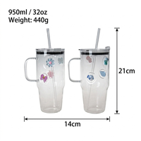 Verre à motif en borosilicate avec poignée, tasse à café glacé avec couvercle en bambou et paille en verre, jolie tasse à eau florale