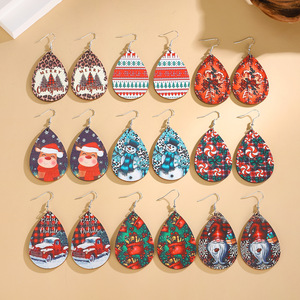 Comercio exterior transfronterizo Tema de Navidad para mujer Gota de agua Impresión en color Pendientes de madera Campana de árbol Muñeco de nieve Ganchos para las orejas Vacaciones - Product Image 2