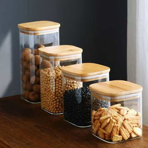Modern Simplicity Easy to Clean 301-400ml Air-Tight Stackable Coffee Beans <b>Storage</b> Jar for Home <b>Kitchen</b> Square Glass Bamboo Lids - Product Image 1