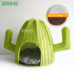 XH Neuheit Kunststoff Rattan Harz Wicker Handmade Woven Hunde möbel Kaktus form Haustier korb Haus Katzen bett - Product Image 5