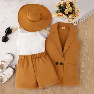 Children's Clothing Fashion Style Children's Summer Suit Girls Top+Vest+Shorts Clothing Set With Free Hat