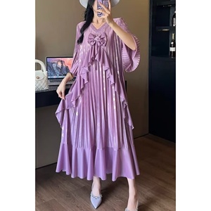 <span class=keywords><strong>Vestido</strong></span> Casual Elegante para Mujer, con Lazo Decorativo, Plisado, Corte en A, Cuello en V con Volantes, <span class=keywords><strong>Manga</strong></span> <span class=keywords><strong>Media</strong></span>, Largo <span class=keywords><strong>Midi</strong></span>, para Uso Diario - Product Image 6