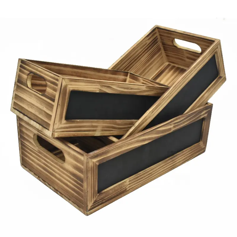 Vente en gros de caisses en bois rustiques personnalisées avec tableau noir boîte de rangement présentoir cadeau paniers
