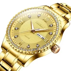 TISSELLY Luxury Gold Diamond Watches For Men Brand Luminous Dial Steel Bracelet Watchband Date Male Clock Business Wristwatches