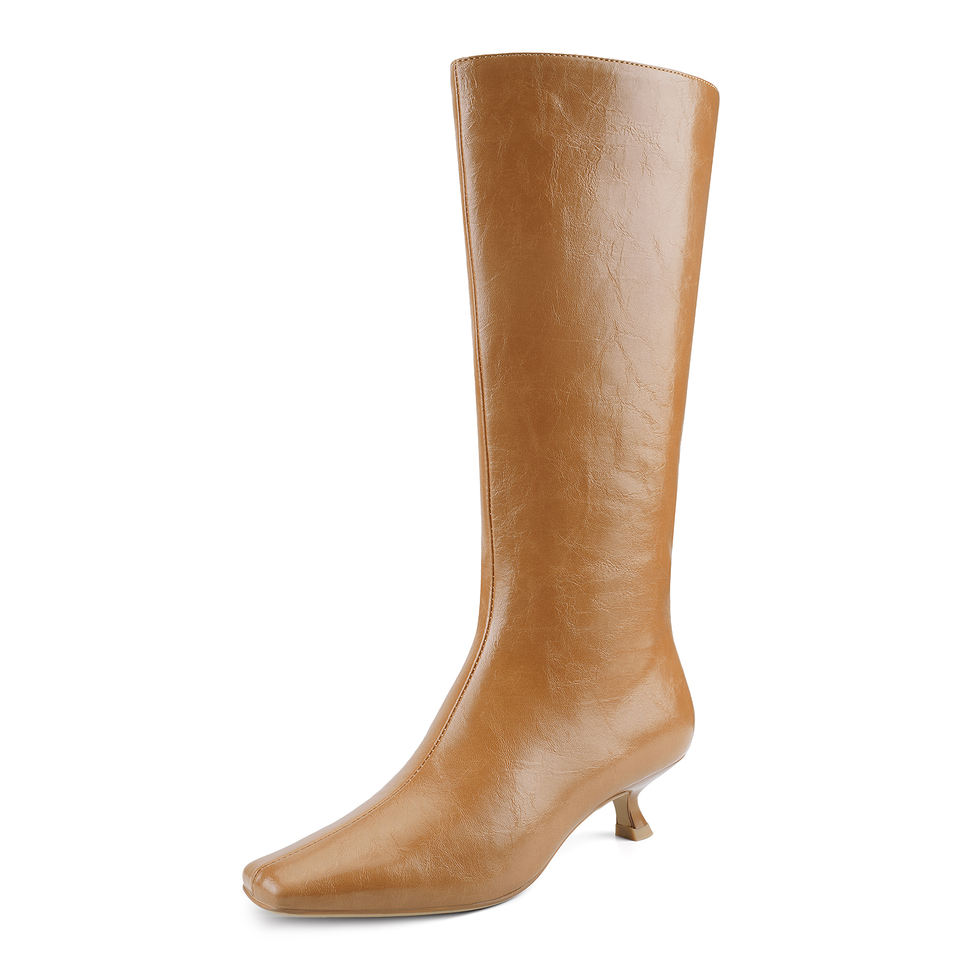 Women Knee-High Western Boots PU Upper Side Zipper Square Heel Closed ...