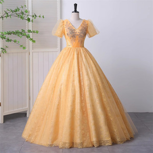 Turmeric Long Evening Gown Women Stage Performance Puff Skirt Vocal Music Host Costume Polyester Fabric Adult Size 12-15 - Product Image 1