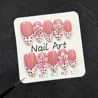 Faux ongles à presser faits main, motif floral 3D rose et blanc, pois rouges, French manucure, base rose nude, forme amande, réutilisables, manucure vintage