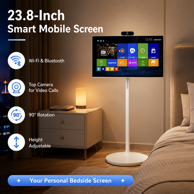 23.8 Inch Portable Smart Screen Android Touch Display with Wheels Rechargeable Smart TV Portable for Bedroom Kitchen Office OEM