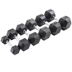 Grosir Dumbbell karet Hex hitam dilapisi Dumbbell Gym berat badan kebugaran Logo kustom karet halter segi enam