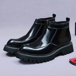 Bottines Chelsea pour hommes - Bottines Martin en cuir véritable haut de gamme, style britannique, semelle épaisse, cuir brillant, pour un look business décontracté - Product Image 4