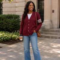 Cardigans à col en V gris rayé bordeaux avec logos personnalisés, manches longues, couleur unie, tricot acrylique, automne-hiver, pulls pour femmes de sororité